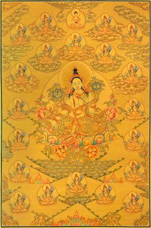 Full Gold Style 21 Green Taras Thangka :  The 21 Taras represent a diverse spectrum of enlightened compassion in Tibetan Buddhism, embodying qualities from healing to protection. Each Tara po